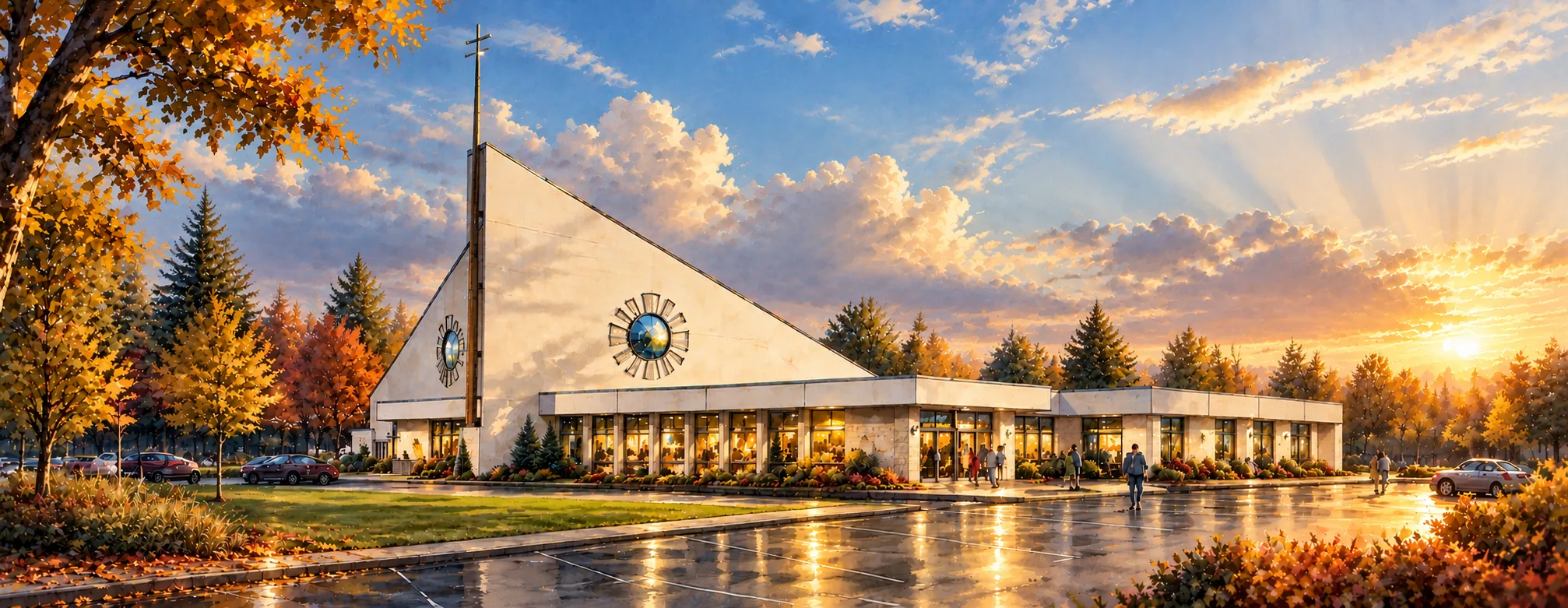 Warm and welcoming church beneath a radiant Canadian autumn sky